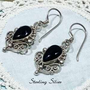 Black Onyx & Sterling Silver Mexico Filigree Dangle Earrings
